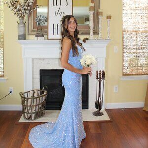 Nox Anabel C1109 Long Spaghetti Strap Fitted Prom Dress - LIGHT BLUE Size 6